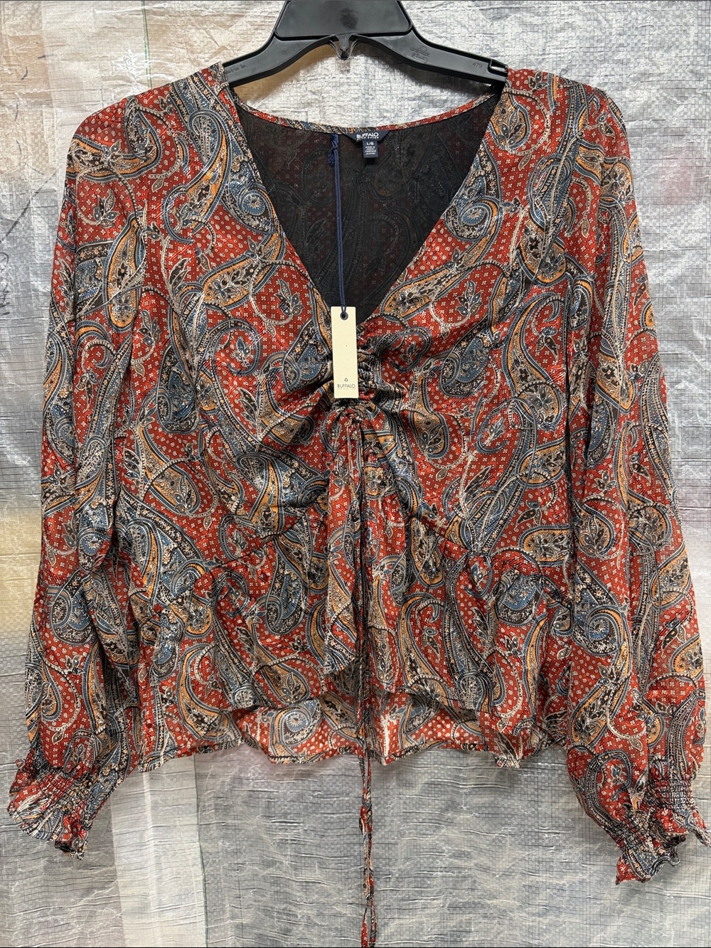 Buffalo David Bitton Red Paisley Tie-Front Blouse size L , new